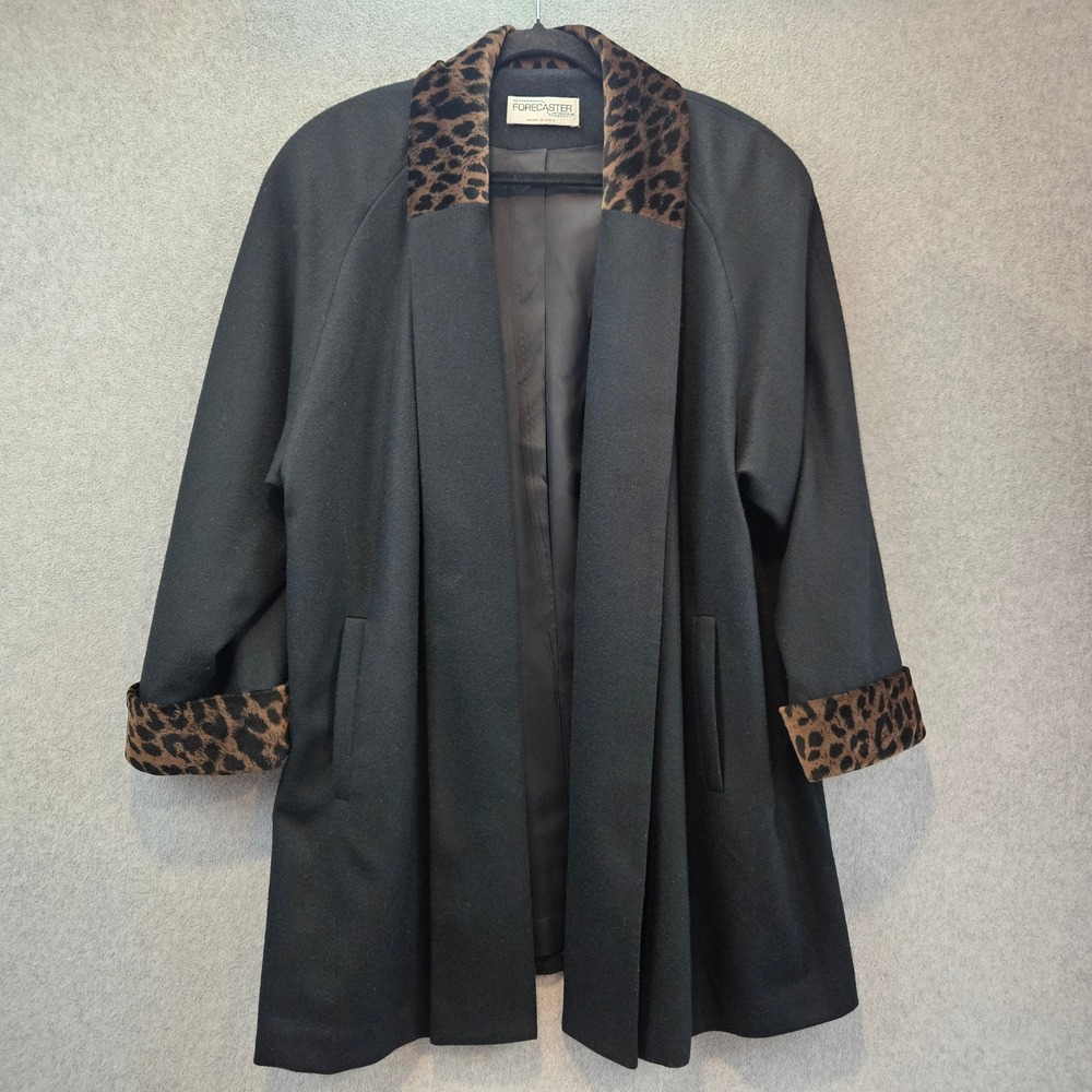 FORECASTER OF BOSTON | Vintage Wool Swing Coat Black Leopard Trim Sz 8 USA Made